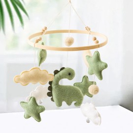Ueiwffzo Mobile Baby Wind Chimes Dinosaur with Clouds Baby Bed Mobile Wind Chimes with Felt Balls, Hanging Mobile Wind Chime for Baby Cot, Newborn Gift (Dinosaur)
