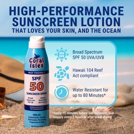 Coral Isles SPF 50 Sunscreen Spray - Hawaii Compliant as Reef Safe - Oxybenzone & Octinoxate Free - Broad Spectrum - Water Resistant, 6 Fl Oz (Pack of 2)