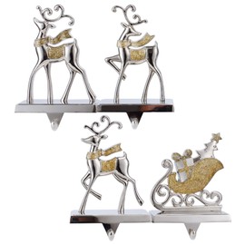Set of 4 Christmas Stocking Holder for Mantel Reindeer and Sleigh Christmas Stocking Hangers for Fireplace Metal Mantel Hooks Hanger for Christmas (Gold Reindeer Set)