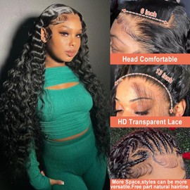 Beliself 13x6 Deep Wave Lace Front Wigs Human Hair Glueless Wigs Human Hair 200% Density HD Transparent Lace Front Wigs Human Hair Pre Plucked Bleached Knots Curly Lace Front Wig Human Hair 24 Inch