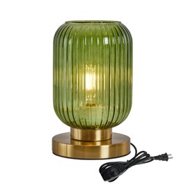 Glass Table Lamps Mid Century Modern Globe, Dimmable Green Table Lamp for Nightstand, Small Gold Table Lamp, Green Pumpkin Design Ribbed Glass Vintage Bedside Lamp for Bedroom Living Room Office