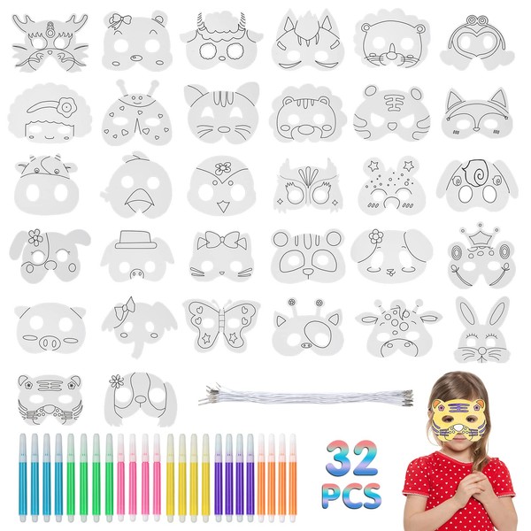 Children's Party Masks, 32 Pieces Animal Masks with 32 Elastic Cord and 24 Coloured Pencils, White Paper Mask, Children's Birthday Gadgets for Cosplay, Carnival, Halloween, Christmas