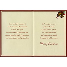 Designer Greetings Lighthouse on Snowy Hill : Green Border and Gold Bells Religious Christmas Card for Sister in God's Service