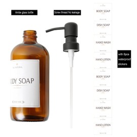 Seifenspender aus Braun Glas 2 Stück, 475mL Flasche Pumpflasche inkl. Etiketten, Kunststoff für Küche Bad Flüssigseifen Badezimmer