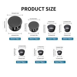 170PCS Black Plastic Hole Plug Set- 7 Sizes (5-25mm) Reusable Screw Caps for Cabinets, Cabinet Furniture and DIY |Plastic Drill Caps, Snap-Lock Caps‘(black)