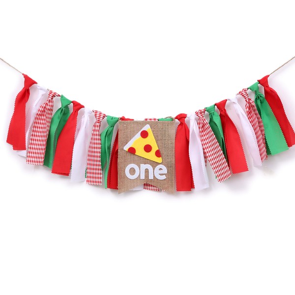 WAOUH Pizza Banner for 1st Birthday - Highchair Banner for First Birthday Theme Decoration, Cake Smash Photo Prop, Fabric Rag Garland Banner (Pizza Highchair Banner)