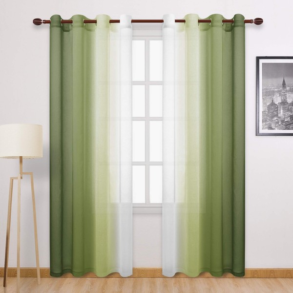 DWCN Oliver Green Ombre Sheer Curtains - Faux Linen Gradient