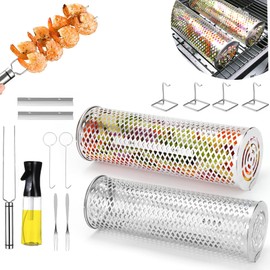 Vocloud Grill Basket-Rolling Grilling Accessories,2 Pcs Thickened Stainless Steel Grill Baskets for Outdoor Grill,BBQ Accessories for Meat and Vegetables,Birthday Gifts for men Dad,Fathers day gifts