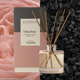 Votivo Urban Rose Signature Reed Diffuser | Floral Scented Home Fragrance Diffuser with Sticks, Reed Oil and Glass Bottle | Decorative Air Freshener for Home Decor | 4 oz