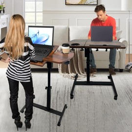 SEHAUSEU Medical Adjustable Overbed Bedside Table with 2 Tilting Desktops Teacher Podium Laptop Computer Cart Mobile Laptop Desk with Cup Holde,Drawer,Wheels for Office, Home and Classroom (Brown)