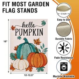 Artofy Fall Hello Pumpkin Small Decorative Garden Flag, Teal White Autumn Thanksgiving Yard Lawn Outside Decor, Seasonal Maple Leaves Burlap Outdoor Home Decoration Double Sided 12 x 18