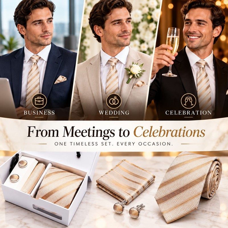 Champagne Gold Striped Silk Tie Gift Set for Men with