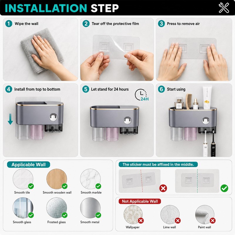 Bathroom Toothbrush Holder —Wall-Mounted Toothbrush Organizer (with Automatic Toothpaste Dispenser),