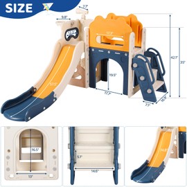 MAMIZO 8-in-1 Large Toddler Slide, L-Shaped Kids Slide with Long Slope, Baby Climber Playset w/Enclosed Steps, Telescope, Basketball Hoop, Tunnel, Indoor Outdoor Playground for Age 3+ (Yellow & Blue)