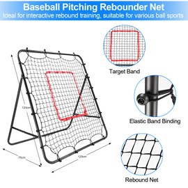 Pejevir Baseball Rebounder Net Softball Pitch-Back Rebound Net with Attachable Pitching Target and 3 Adjustable Angles, Portable Fielding Trainer Bungee Net Practice Equipment for Backyard, 4 X 4 ft
