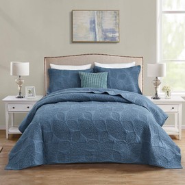 CHIXIN Cotton Bedspread Quilt Sets - 3 Piece Reversible Coverlet Bedding Set Matching Shams Smokey Blue Leaf Pattern Queen Size
