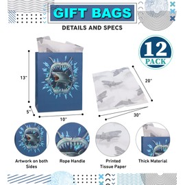 DolliBu Shark Large Gift Bags with Tissue Paper, 12 Pc Set - Shark Big Gift Wrap Bags with Handles and Shark Tissue Paper for Holiday, Birthday, Party Favor Gift Bags - 13 Inches, 12 Pack