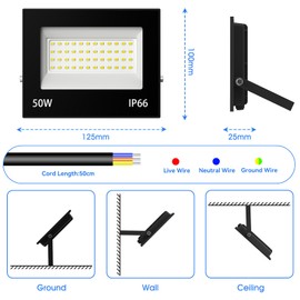 Zelvia LED Spotlight 6500 K Outdoor Light Cool White Super Bright Outdoor Spotlight Floodlight IP66 Waterproof Headlight for Garden Garage Hotel (Cool White, 50 W)