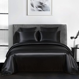 AShanlan Bettwäsche Set Satin 135x200 Schwarz Uni Einfarbig Deckenbezug 100% Glatt Angenehm Glanzsatin Polyester - 1 Bettbezug 135 x 200 + 1 Kissenbezug 80 x 80 cm