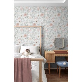 CiCiwind 17.3" × 197" Pink Floral Wallpaper for Bedroom Bathroom Wall Paper Waterproof Removable Self Adhesive Green Leaves Peel and Stick Farm Contact Paper Eco-Friendly Papel Tapiz para Pared