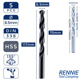 Box Of 5 x 8.5mm HSS Jobber Drill Bits - Black Roll Forged HSS-R for Carbon + Alloy Steel, Plastics & Wood. DIN338 (8.5mm x 117mm)