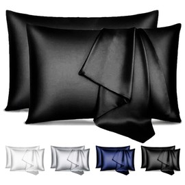Canadian Linen Luxury Satin Silk Pillow Cases, 2 Pack, Queen, Super Soft & Smooth Silky Pillowcase for Hair & Skin, Breathable Cooling Fade Resistant Pillow Protector, Slip Bedding Pillow Cover, Black