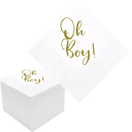 Geloar Servilletas de cóctel Oh Boy para baby shower, paquete de 100 servilletas de papel doradas Oh Boy para almuerzo, cócteles, bebidas a granel para baby shower, decoración de fiesta de bienvenida de bebé, 2 capas, 5 x 5 pulgadas (Oh Boy)