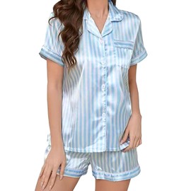 Celucke Women's Satin Pajama Set, Luxurious Silk Button Up Top with Notch Collar Comfortable Sleepwear Outfit, Satin Pyjamas For Women, Pj Shorts Set, Ladies Comfort Lounge Wear Nightwear Blue