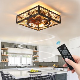 DPYRTFQ 17" Small Square Caged Industrial Ceiling Fixture with 6 Speeds & Noiseless DC Motor, Farmhouse Rustic Ceiling Fan and Remote Control for Kitchen Dining Room Bedroom