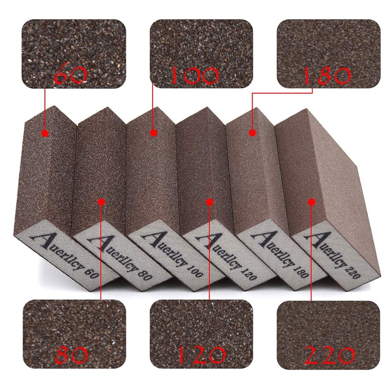 Sanding Sponge, Auerllcy 6 Pieces 60/80/100/120/180/220 Grit Sanding Blocks Assortment,