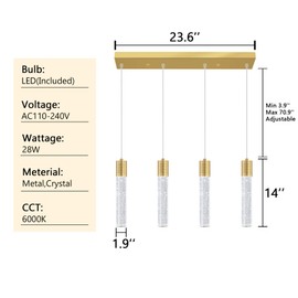 dolria 4-Lights Modern Crystal Chandeliers for Kitchen Island Mini Pendants Lighting Fixture LED Ceiling Light for Dining Room Living Room 6000K