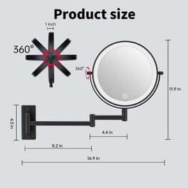 LANSI Wall Mounted Makeup Mirror with Lights, 8" Bathroom Vanity Magnifying Mirror Wall Mount with 1X/10X Magnification and Extendable Arm,Black