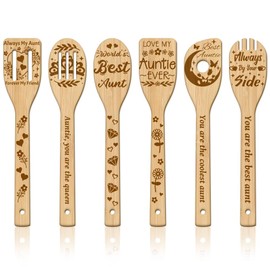 GLOBLELAND 6Pcs Aunt Auntie Wooden Spoons Utensil Set Bamboo Carving Kitchen Cooking Utensils Wooden Engraved Cooking Spatula Set for Kitchen Fun House Warming Gift