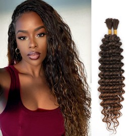 Human Braiding Hair Mix Synthetic Boho Hair for Braiding, 16 Inch Deep Wave Bulk for Boho Braids 2 Pcs Curly Bohemian Wet and Wavy Braiding Hair (4/30#, 16 Inch)
