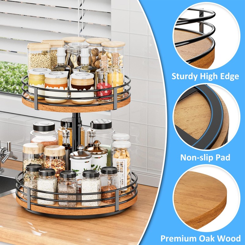 Lazy Susan Turntable Organizer Adjustable - 2 Tier Wood Rotating