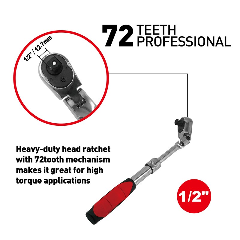 MacWork 1/2-Inch Drive Telescoping Ratchet, 72 Teeth Quick-Release, Reversible Flex