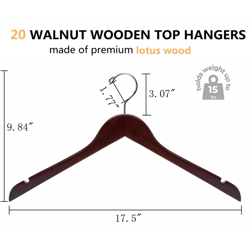 Amber Home 20 Pack Vintage Wood Coat Hangers, Walunt Wooden