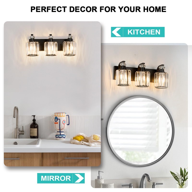 ALAISLYC Black Bathroom Light Fixtures with K9 Crystal Lampshade Bathroom