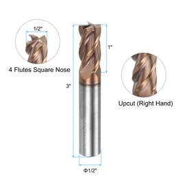 sourcing map Carbide Square End Mill, 1/2" Diameter TiAlN Coated 4 Flutes Milling Bit Cutter, for Hardened Steel Stainless Steel Alloy Metal, 1/2" Shank 1" Cut Length 3" Long HRC50