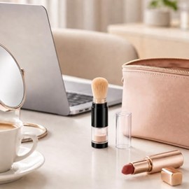 FUOYLOO Brocha para Polvos Faciales Sistema de Recarga por Presión, Cerdas Suaves Color Beige, Tamaño Compacto, Aplicador Portátil para Maquillaje en 