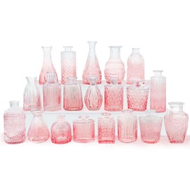 Pink Glass Bud Vases Set of 20 - Mini Vintage Vases for Wedding Decorations Home Table Flower Decor, Small Carved Design Glass for Centerpieces