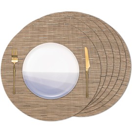 Banchif Round Placemats Set of 6 Heat Resistant Vinyl Placemats 15 inch Washable Non-Slip Table Mats Woven Place Mats for Dining Table (Light Brown, Set of 6)