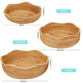 Natural Rattan Round Fruit Basket Bowls, Hand Woven Decor Serving Baskets, Wicker Storage for Dinning Room (Wave Large)