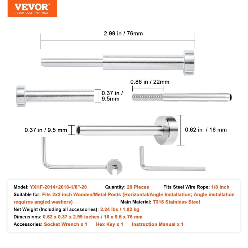 VEVOR Cable Railing Kit, 20 Pack 1/8" Silver Invisible Cable