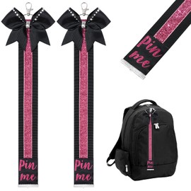 DEEKA 2 PCS Cheer Pin Strap Pin Me Ribbon for Backpack Glitter Cheerleader Keychain Cheer Gifts Cheer Bow Pin Holder Bag Tag Cheer Clothes Pin Charms -Black/Glitter Pink, 14 Inch