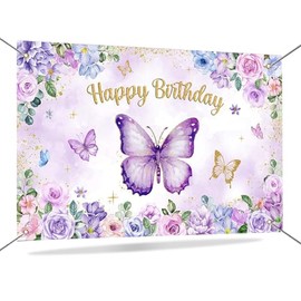 Mocsicka - Banner de cumpleaños de mariposas moradas y mariposas para fiestas y niñas, decoración de cumpleaños, color morado, rosa, floral, dorado, purpurina, decoración de cumpleaños, fondo de 70.8