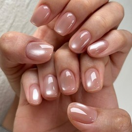 KQueenest Cat Eye Press on Nails Short, 30 Pcs Acrylic Press on Nails Square, Sparkly Glitter Coral Pink Fake Nails Press on Short, Reusable Soft Gel Glue on Nails for Women Gift, Peach Orange