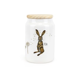 Purely Home Hares & Dandelions Ceramic Tea Storage Canister - Rhiannon Chauncey Floral Hares Artwork Kitchen Food Storage Container & Wooden Lid 600ml (14.5cm x 9.5cm)