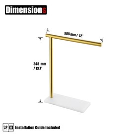 JQK Hand Towel Holder Stand Brushed Gold, Modern Tree Rack Free Standing for Countertop with 12 Inch Bar, 304 Stainless Steel Thicken 0.8mm White Base, HTT170-WG