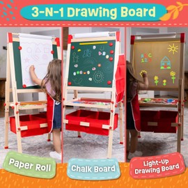 Light Up Easel for Kids 3 -in-1 Magnetic Chalkboard, LED Drawing Board with Adjustable Height and Paper Roll, 86 Accessories – Wooden Art Easel for Kids Ages 4-8 Years Old